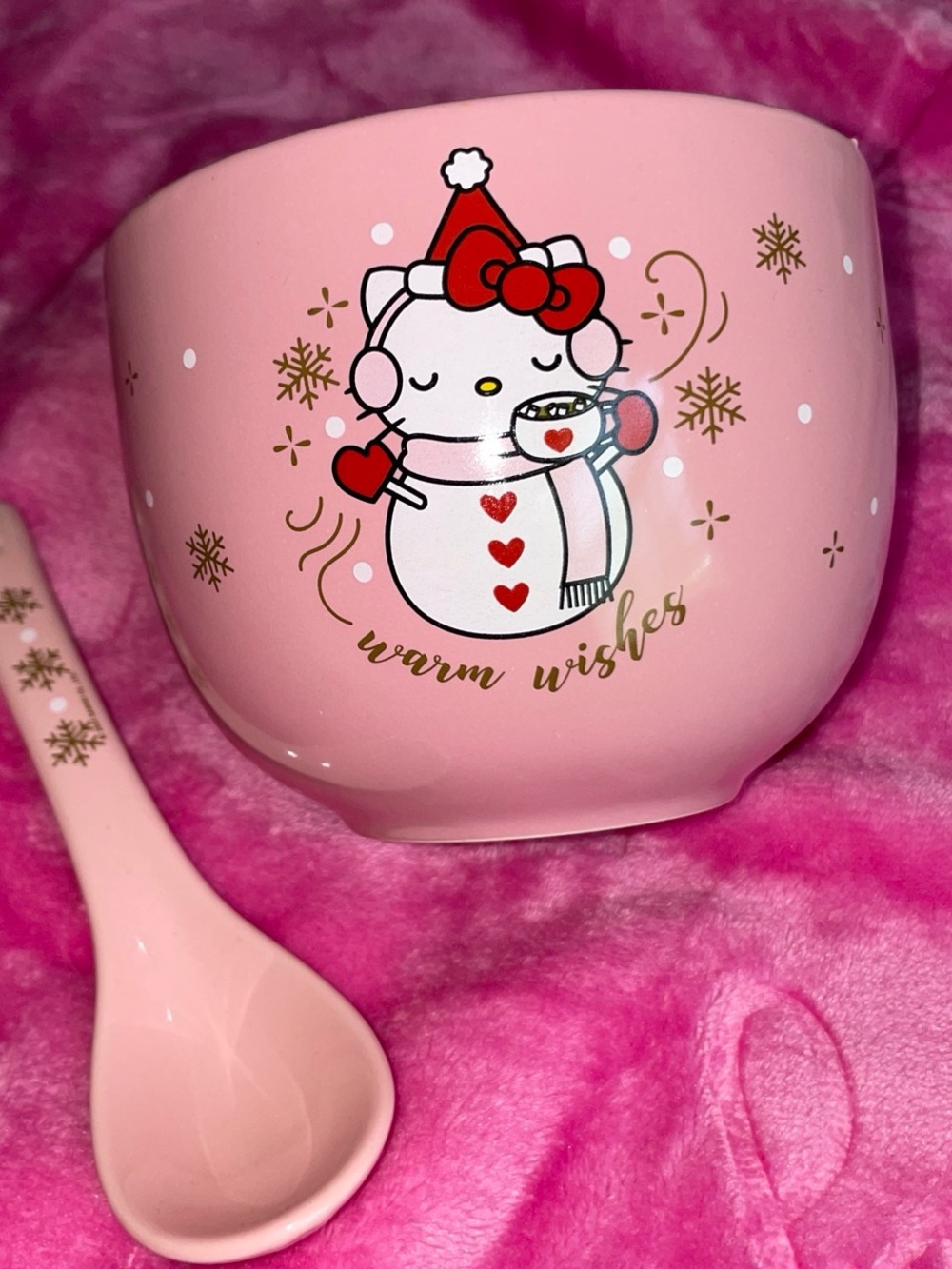 Hello Kitty Pink Holiday Mug with Spoon - "Warm Wishes" Ramen Bowl
